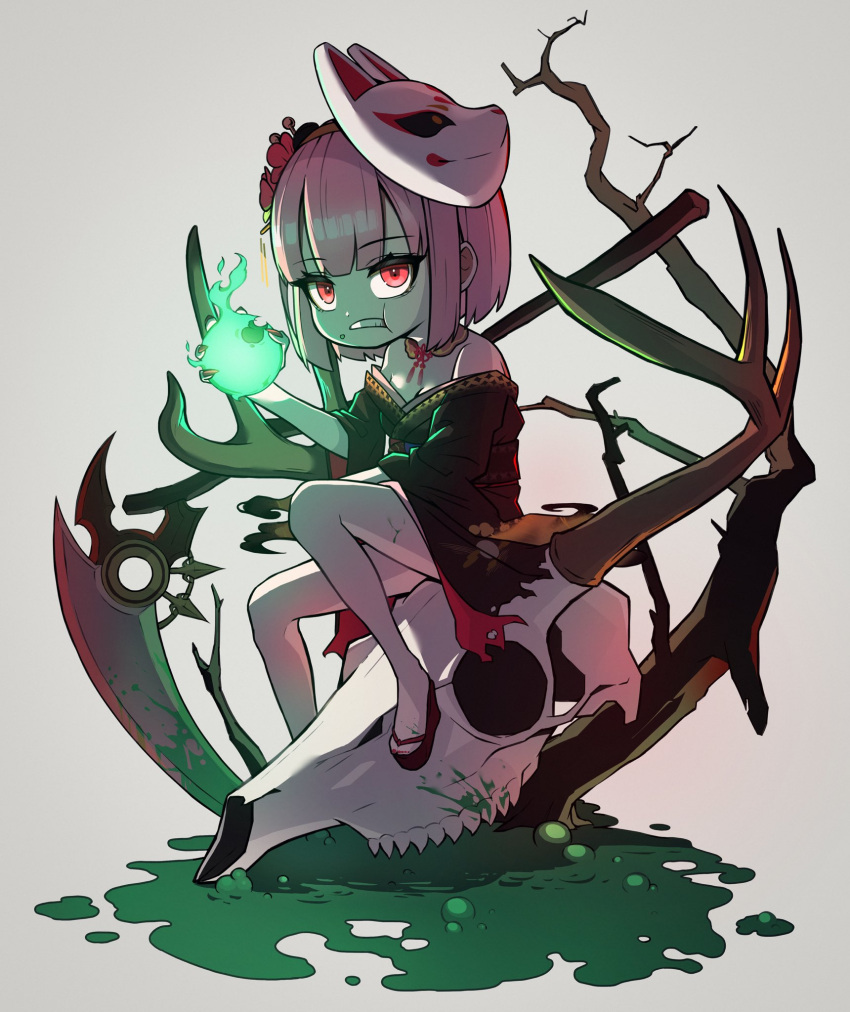 1girl bob_cut chewing cow_skull eating fox_mask highres hitodama hololive hololive_english looking_at_viewer mask mask_on_head mori_calliope mori_calliope_(new_year) off_shoulder official_alternate_costume official_alternate_hairstyle pink_eyes pink_hair red_nails scythe short_hair sitting teru_(asa_hi_t) virtual_youtuber wetland