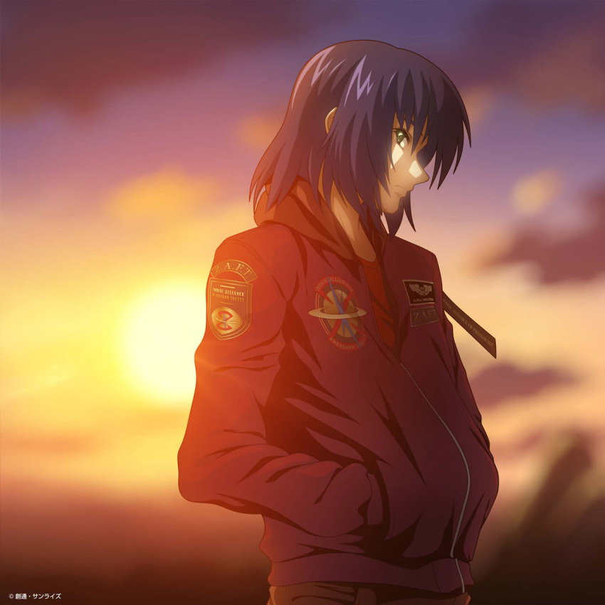 1boy athrun_zala blue_hair casual green_eyes gundam gundam_seed highres hood hooded_jacket jacket lens_flare official_art pants shirt solo streetwear sunset