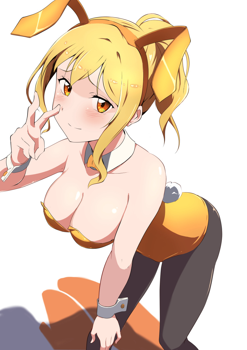 1girl absurdres animal_ears blonde_hair breasts highres large_breasts leaning_forward love_live! love_live!_nijigasaki_high_school_idol_club miyashita_ai orange_eyes playboy_bunny rabbit_ears smile v zasshoku_ojisan