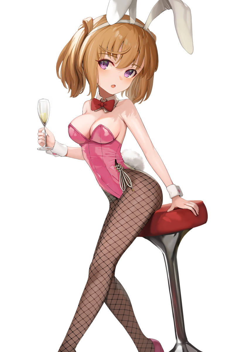 1girl alice_gear_aegis animal_ears bare_shoulders blush bow bowtie breasts brown_hair champagne_flute cleavage cup detached_collar drinking_glass fake_animal_ears fake_tail fishnet_pantyhose fishnets highres holding holding_cup kimikage_yui leotard looking_at_viewer medium_breasts open_mouth pantyhose pink_leotard playboy_bunny purple_eyes rabbit_ears rabbit_tail short_hair simple_background smile solo stool strapless strapless_leotard sunga2usagi tail white_background wrist_cuffs