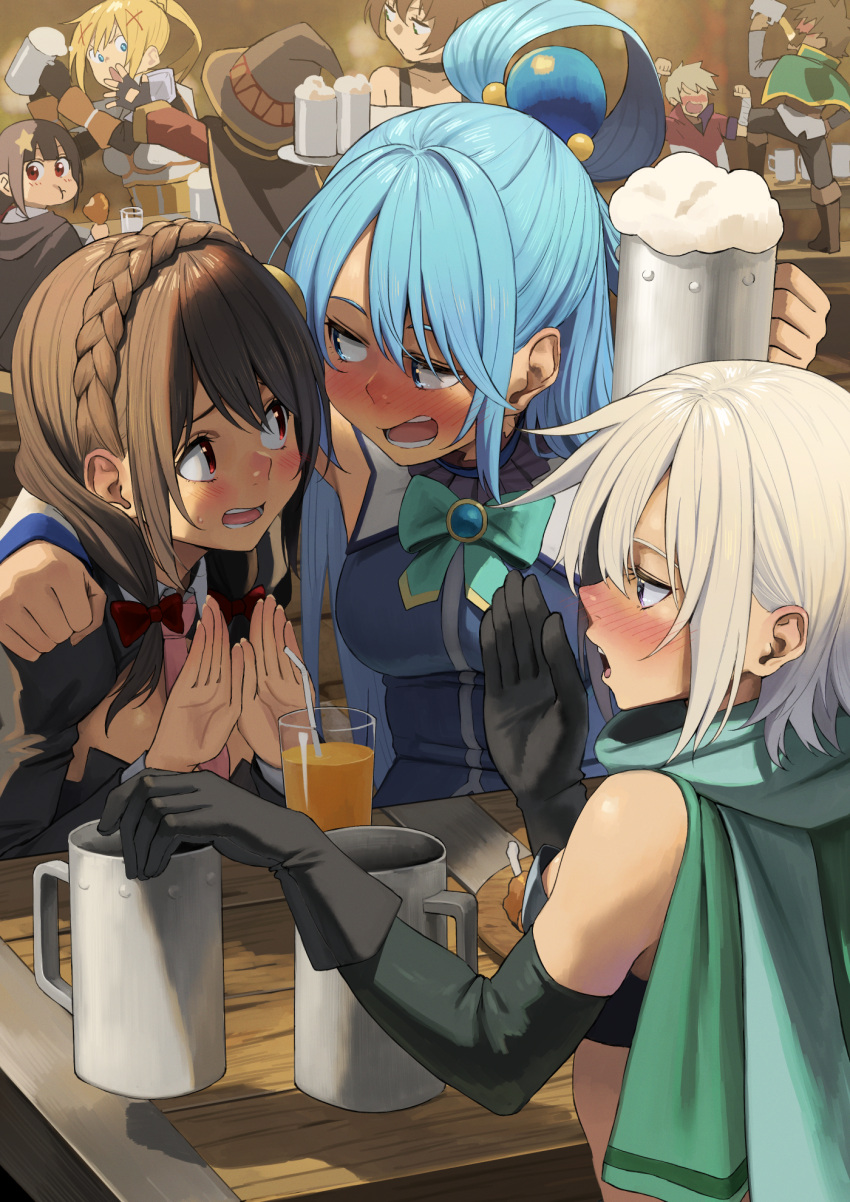 2boys 6+girls alcohol aqua_(konosuba) beer belt black_choker black_gloves blonde_hair blue_eyes blue_hair blue_shirt blunt_bangs blurry blurry_background blush boots bow braid breasts brown_belt brown_footwear brown_hair capelet choker chris_(konosuba) cup darkness_(konosuba) dress drinking drinking_straw drunk dust_(konosuba) eating fingerless_gloves food gloves green_capelet grey_shirt hair_bow hair_ornament hairclip hand_on_own_hip hand_up hands_up hat highres holding holding_cup holding_food indoors izawa_(bhive003) komekko kono_subarashii_sekai_ni_shukufuku_wo! long_sleeves looking_at_another looking_at_viewer looking_back meat medium_breasts medium_hair multiple_boys multiple_girls necktie nose_blush nostrils on_table open_mouth pants pink_necktie red_bow red_eyes red_shirt satou_kazuma shirt short_hair single_hair_ring sitting sleeveless sleeveless_shirt small_breasts star_(symbol) star_hair_ornament sweatdrop table tray upper_body v-shaped_eyebrows white_shirt witch_hat x_hair_ornament yunyun_(konosuba)