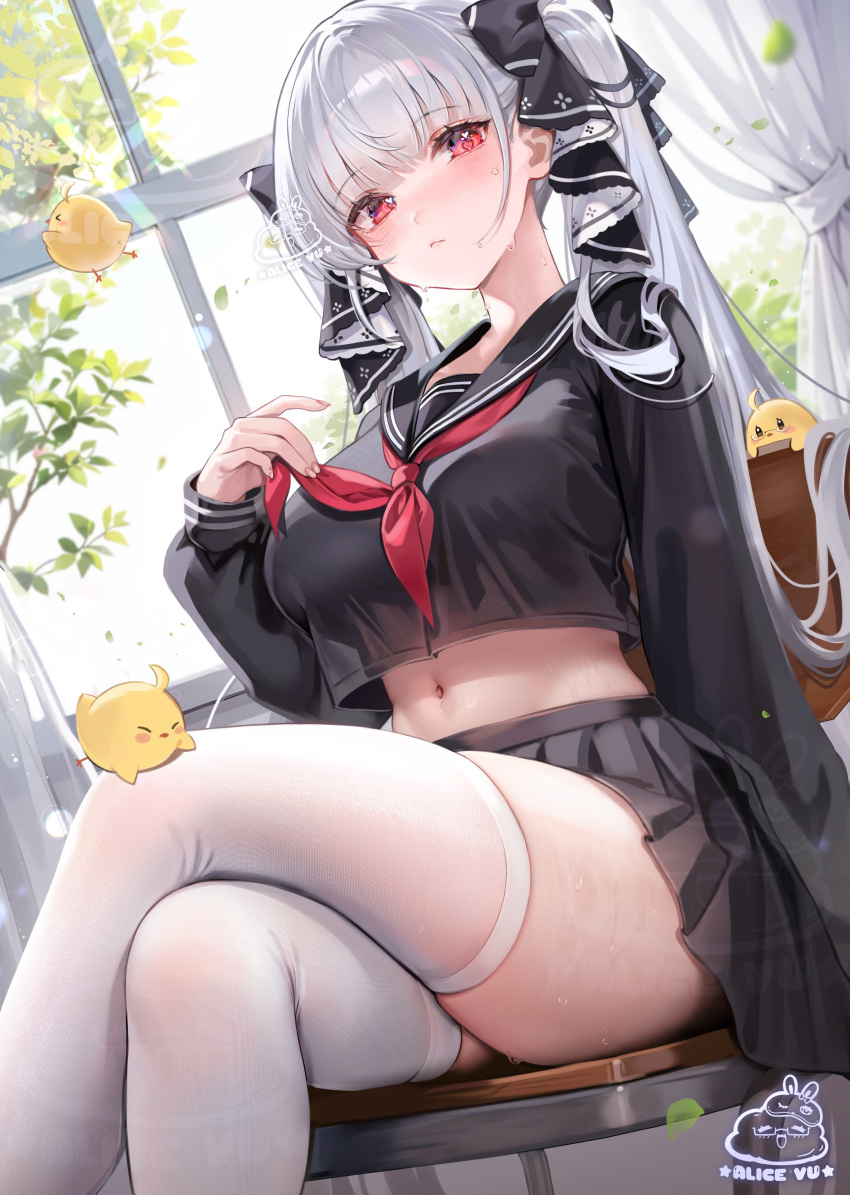 1girl absurdres alice_vu azur_lane black_sailor_collar black_shirt black_skirt closed_mouth crossed_legs curtains formidable_(azur_lane) formidable_(the_lover's_heart_flutters_on_duty)_(azur_lane) grey_hair highres indoors long_hair long_sleeves looking_at_viewer manjuu_(azur_lane) midriff neckerchief red_eyes red_neckerchief sailor_collar school_uniform shirt signature sitting skirt solo sweat swimsuit thighhighs twintails white_thighhighs window
