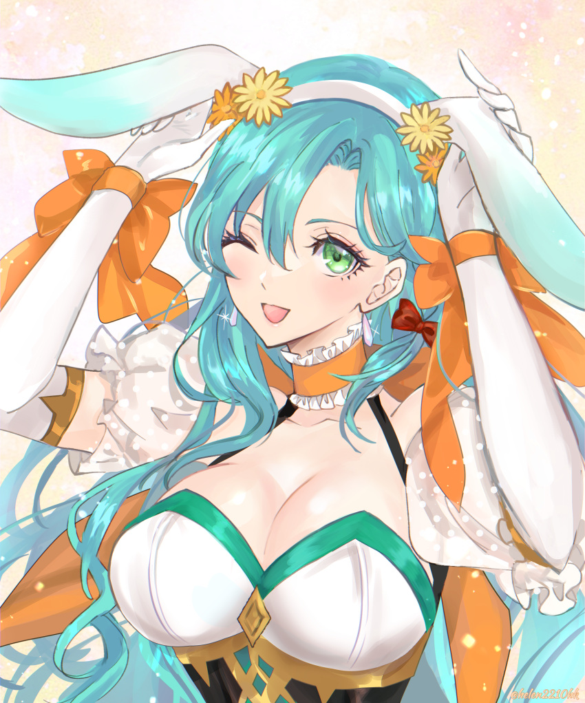 1girl ;d absurdres animal_ears aqua_hair breasts chloe_(fire_emblem) chloe_(spring)_(fire_emblem) choker cleavage commentary_request elbow_gloves eyelashes fake_animal_ears fire_emblem fire_emblem_engage fire_emblem_heroes frilled_choker frills gloves green_eyes hair_between_eyes helen_(helen2210hk) highres large_breasts long_hair looking_at_viewer official_alternate_costume one_eye_closed open_mouth orange_choker puffy_short_sleeves puffy_sleeves rabbit_ears short_sleeves smile solo twitter_username upper_body very_long_hair white_gloves