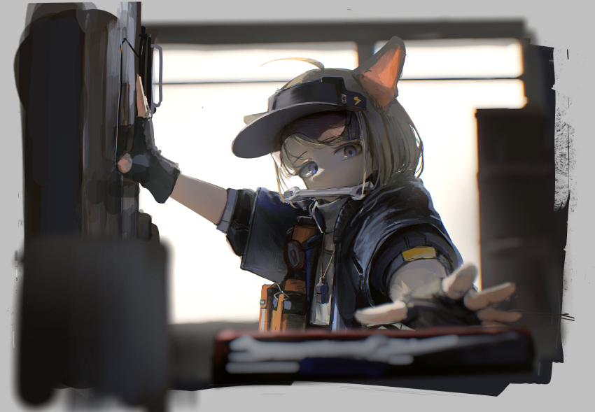 1girl almond_(arknights) animal_ears arknights black_gloves blue_eyes blue_jacket cat_ears cat_girl fingerless_gloves gloves grey_hair highres indoors jacket kusami_toka_naku_au mouth_hold outstretched_arm reaching reaching_towards_viewer short_hair short_sleeves sidelocks solo upper_body vest visor_cap whistle whistle_around_neck wrench