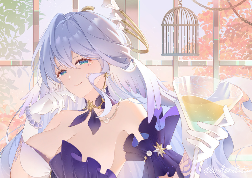 1girl bare_shoulders birdcage blue_eyes breasts cage chain cleavage cocktail_glass commentary cup detached_sleeves devihendita dress drinking_glass gloves grey_hair hair_intakes highres holding holding_cup honkai:_star_rail honkai_(series) large_breasts long_hair looking_at_viewer robin_(honkai:_star_rail) short_sleeves smile solo strapless strapless_dress upper_body very_long_hair white_gloves