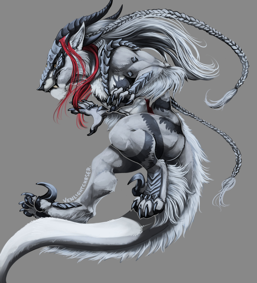 anthro black_pawpads blue_claws chimera claws dewclaw dragon fur furred_dragon furred_scalie grey_body grey_fur grey_horn hi_res horn hybrid male mane mythological_creature mythological_scalie mythology pawpads scalie skiefire solo venlightchaser white_body white_fur white_mane