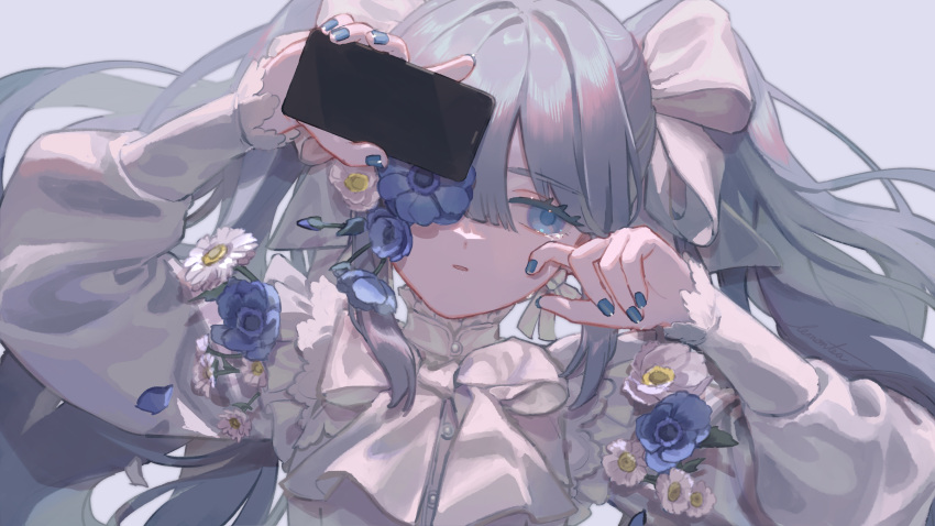 1girl absurdres blue_background blue_eyes blue_flower blue_hair blue_nails bow bowtie cellphone facing_viewer flower flower_over_eye frilled_sleeves frills hair_bow hand_on_own_face hands_up hatsune_miku highres holding holding_phone lemontea long_hair long_sleeves looking_to_the_side nail_polish parasite_(vocaloid) parted_lips petals phone puffy_long_sleeves puffy_sleeves shirt simple_background smartphone solo tearing_up tears twintails upper_body vocaloid white_bow white_bowtie white_flower white_shirt wiping_tears