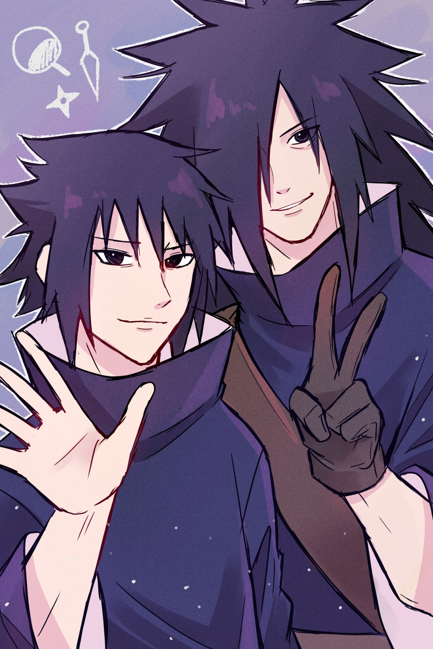 2boys absurdres akina_(cspsmac31126) belt black_eyes black_hair blue_coat brothers brown_belt brown_gloves coat gloves hair_between_eyes hair_over_one_eye highres kunai male_focus multiple_boys naruto naruto_(series) naruto_shippuuden shuriken siblings smile uchiha_izuna uchiha_madara upper_body v weapon