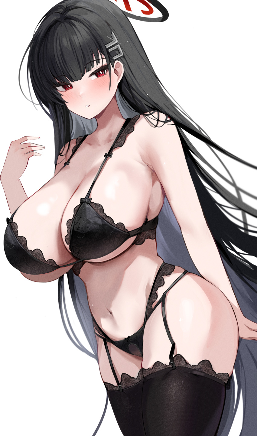 1girl :o absurdres black_bra black_garter_belt black_hair black_panties black_thighhighs blue_archive blush bra breasts bright_pupils collarbone garter_belt halo highres huge_breasts lace-trimmed_bra lace-trimmed_panties lace_trim lingerie long_hair looking_at_viewer mindoll navel panties red_eyes rio_(blue_archive) simple_background solo stomach straight_hair thighhighs underwear underwear_only very_long_hair white_background white_pupils