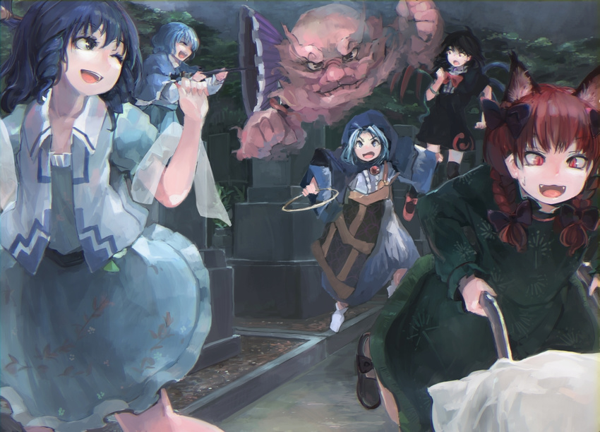 :d ;d animal_ears asymmetrical_wings black_hair black_legwear blue_eyes blue_hair bow braid cat_ears dress graveyard hair_bow hair_ornament hair_rings hair_stick hood houjuu_nue ichiba_youichi kaenbyou_rin kaku_seiga karakasa_obake kumoi_ichirin long_hair multiple_girls one_eye_closed open_mouth red_eyes red_hair shawl short_hair skirt smile tatara_kogasa thighhighs tombstone touhou twin_braids umbrella unzan vest wheelbarrow wings zettai_ryouiki