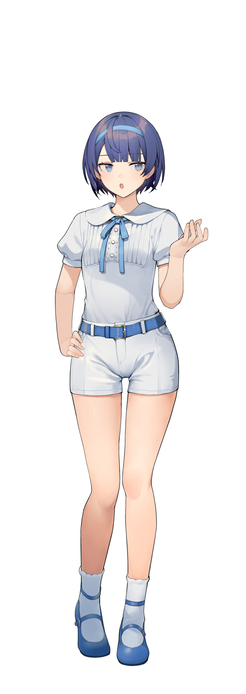 1girl absurdres belt belt_buckle blue_belt blue_eyes blue_footwear blue_hair blue_hairband blue_ribbon blunt_bangs buckle cevio collared_shirt commentary_request dot_nose full_body hairband hand_on_own_hip hand_up highres light_blush mary_janes neck_ribbon parted_lips psd_available puffy_short_sleeves puffy_sleeves ribbon shirinda_fureiru shirt shirt_tucked_in shoes short_hair short_shorts short_sleeves shorts sideways_glance simple_background socks solo standing straight-on suzuki_tsudumi tachi-e transparent_background variant_set white_shorts white_socks