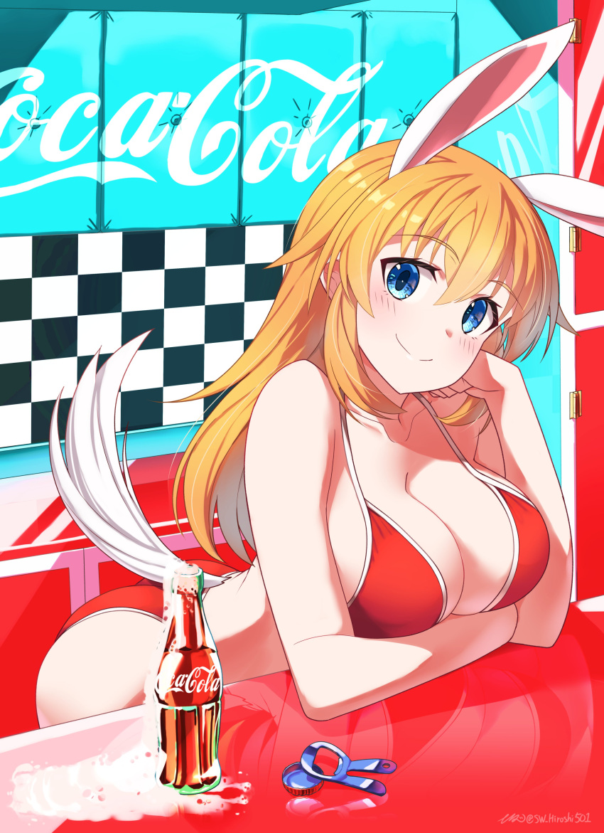 1girl absurdres animal_ears arm_support ass bikini blue_eyes blush breasts charlotte_e._yeager cleavage closed_mouth coca-cola highres hiroshi_(hunter-of-kct) large_breasts long_hair looking_at_viewer orange_hair rabbit_ears rabbit_tail red_bikini smile soda_bottle solo strike_witches swimsuit tail world_witches_series