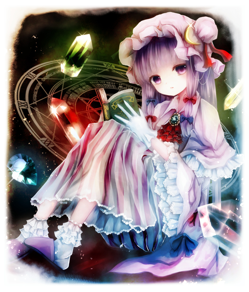 ankle_socks artist_name basilis9 book brooch capelet crescent crescent_hair_ornament double_bun dress frilled_legwear glint gloves hair_ornament hair_ribbon hat head_tilt highres jewelry knees_up looking_at_viewer magic_circle mob_cap open_book parted_lips patchouli_knowledge philosopher's_stone purple_eyes purple_hair ribbon sitting slippers solo striped striped_dress touhou tress_ribbon