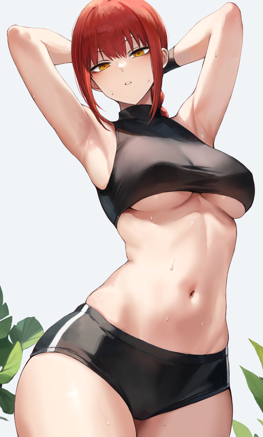 1girl absurdres armpits arms_behind_head arms_up breasts chainsaw_man deyo_(nicijyou) highres large_breasts looking_at_viewer makima_(chainsaw_man) navel red_hair short_shorts shorts simple_background solo sportswear stomach sweat underboob white_background yellow_eyes