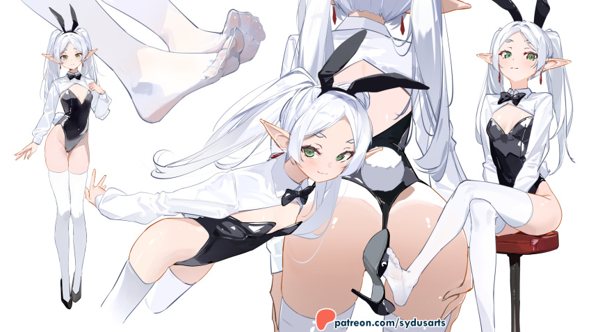 1girl animal_ear_hairband animal_ears ass black_bow black_bowtie black_footwear black_leotard blush bow bowtie breasts drop_earrings earrings elf fake_animal_ears fake_tail feet frieren groin hairband highres jewelry leotard light_smile looking_at_viewer multicolored_hair multiple_views on_stool patreon_username playboy_bunny pointy_ears rabbit_ear_hairband rabbit_ears rabbit_tail shoe_dangle shrug_(clothing) simple_background sitting small_breasts smile sousou_no_frieren strapless strapless_leotard streaked_hair sydus tail thigh_gap thighhighs toes twintails white_background white_hair white_thighhighs