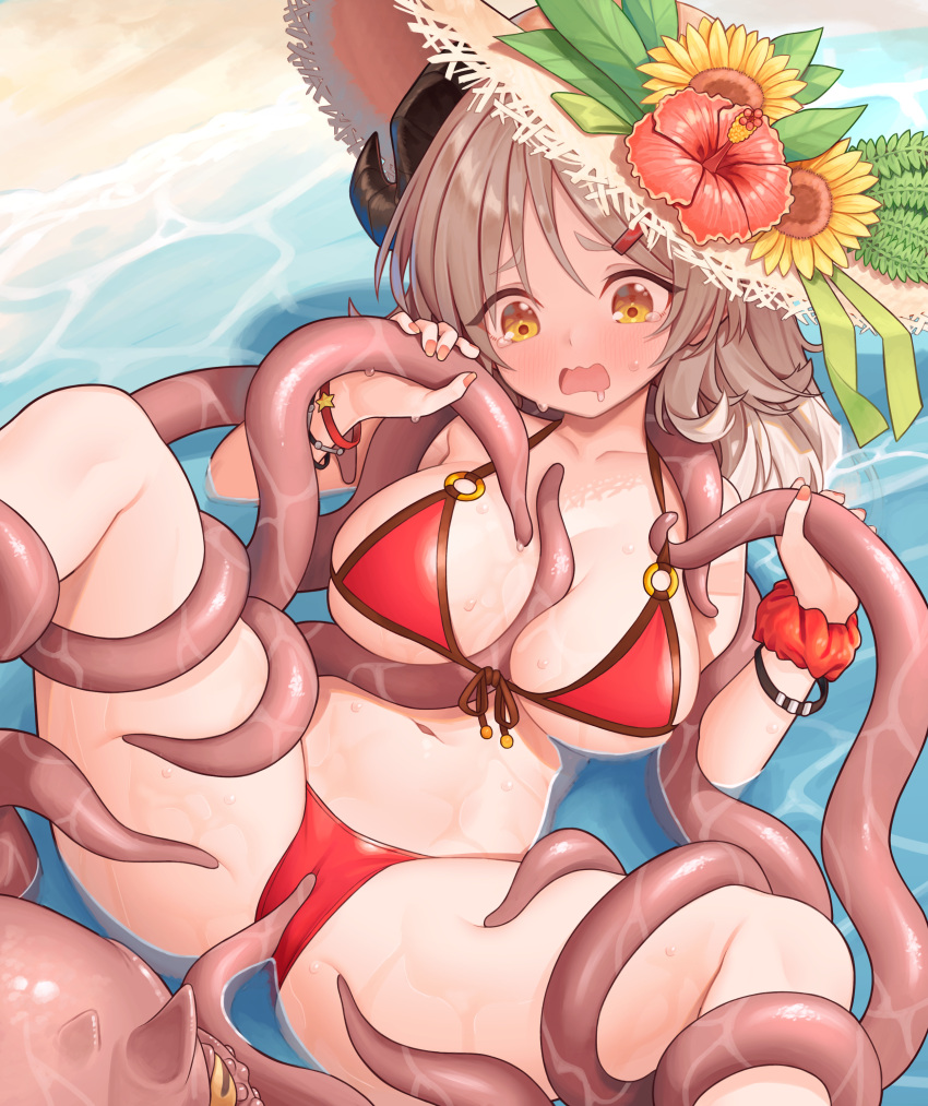 1girl absurdres bare_shoulders beach bikini black_horns blue_archive blush bound bound_legs breasts brown_eyes brown_hair curled_horns day flower front-tie_bikini_top front-tie_top hair_ornament hairclip hat hat_flower hibiscus highres horns izumi_(blue_archive) izumi_(swimsuit)_(blue_archive) large_breasts long_hair nana_merou navel o-ring o-ring_bikini octopus official_alternate_costume open_mouth outdoors partially_submerged rape red_bikini restrained spread_legs stationary_restraints straw_hat sun_hat sweat swimsuit tentacle_grab tentacles tickling tickling_pussy water wet yellow_eyes