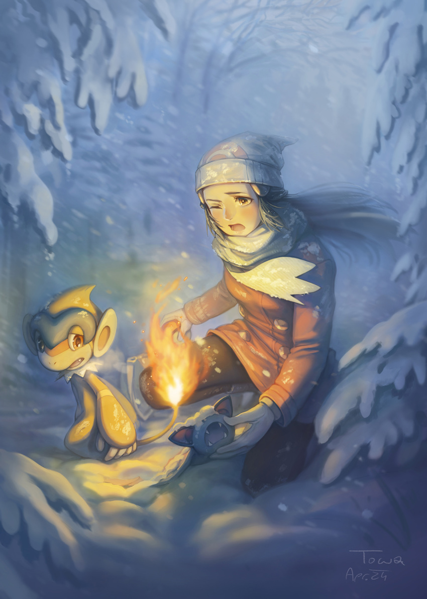 1girl beanie black_hair blurry blurry_background blush boots buttons chimchar coat commentary dawn_(pokemon) fire floating_hair hat highres kazuko_(towa) long_hair long_sleeves on_one_knee one_eye_closed open_mouth outdoors pantyhose pokemon pokemon_(creature) pokemon_dppt pokemon_platinum scarf signature snow snowing zubat