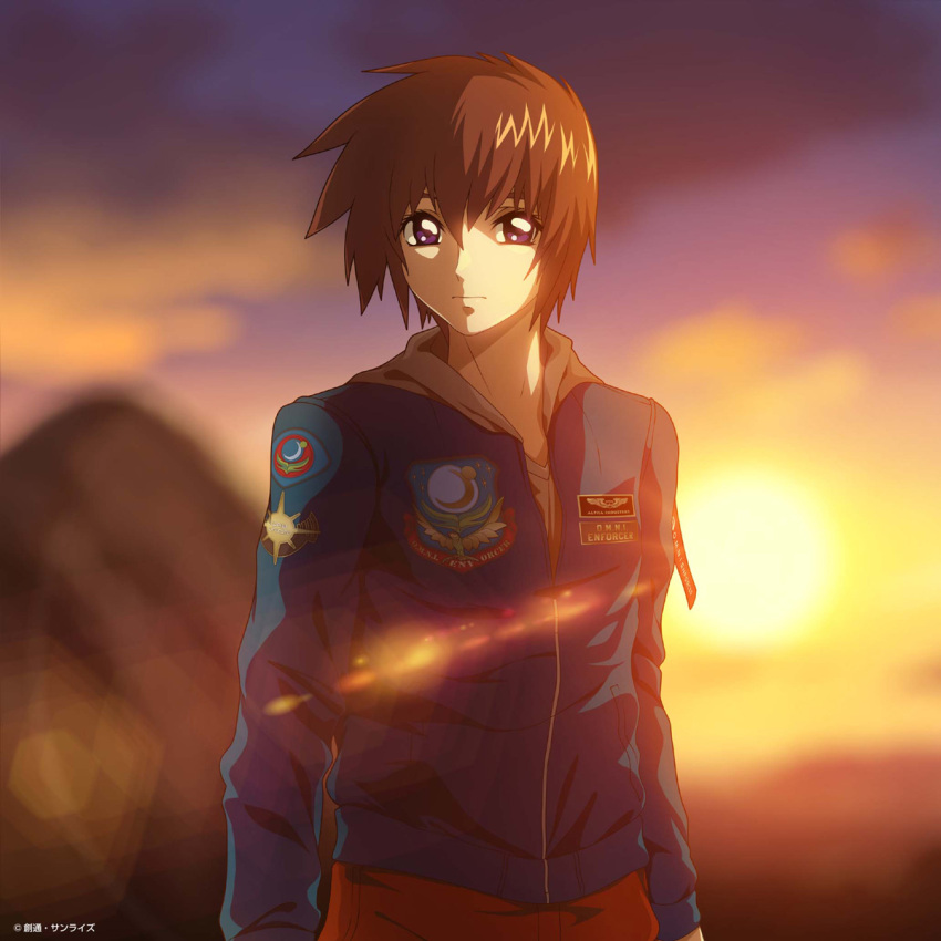 brown_hair casual gundam gundam_seed highres hood hooded_jacket jacket kira_yamato lens_flare official_art pants purple_eyes shirt streetwear sunset