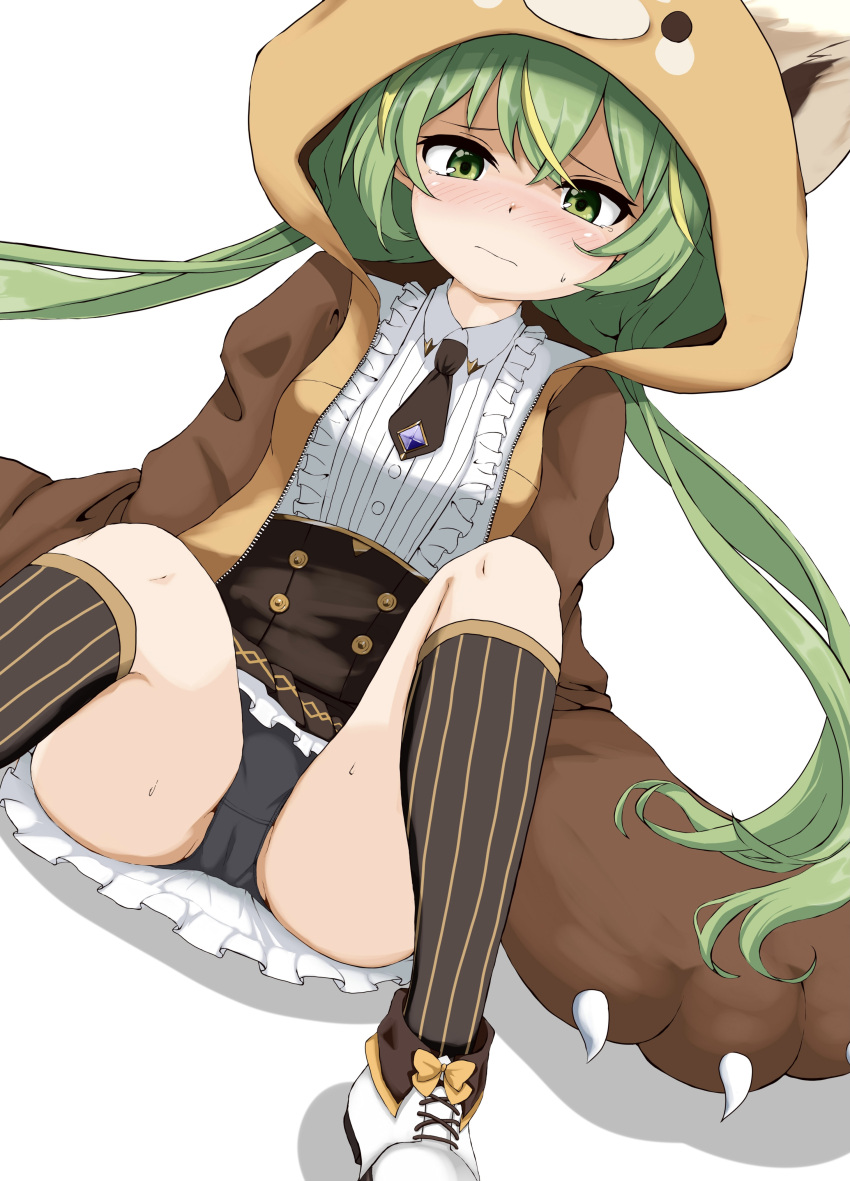 1girl absurdres animal_hands animal_hood black_panties blonde_hair blush breasts brown_corset brown_hoodie brown_necktie brown_socks cameltoe center_frills closed_mouth collared_shirt commentary_request corset dutch_angle foot_out_of_frame frilled_shirt frills gloves green_eyes green_hair hair_between_eyes highres hood hood_up hoodie long_hair looking_at_viewer mahjong_soul medium_bangs multicolored_hair necktie negetsu open_clothes open_hoodie panties paw_gloves red_panda_costume shirt short_necktie simple_background small_breasts socks solo streaked_hair striped_clothes striped_socks twintails underwear vertical-striped_clothes vertical-striped_socks white_background white_shirt yuzu_(mahjong_soul) zipper