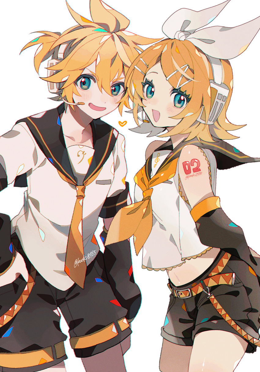 1boy 1girl black_shorts blonde_hair blue_hair brother_and_sister detached_sleeves hair_ornament hairclip headset heart highres kagamine_len kagamine_rin kawasaki_(kwsk_8765) looking_at_viewer navel neckerchief necktie open_mouth shorts siblings simple_background smile solo vocaloid white_background yellow_neckerchief yellow_necktie