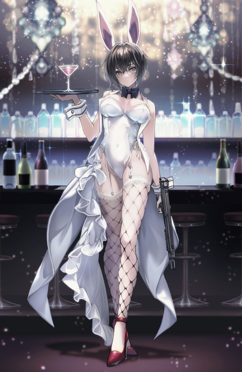 1girl absurdres animal_ears bar_(place) black_hair blurry blurry_background bow bowtie breasts brown_eyes cocktail_glass cup detached_collar drinking_glass fake_animal_ears fishnet_thighhighs fishnets fujiya_takao garter_straps gun high_heels highleg highleg_leotard highres holding holding_gun holding_weapon indoors jacket kusunoki_suzu large_breasts legs leotard open_clothes open_jacket original playboy_bunny rabbit_ears short_hair side-tie_leotard solo standing strapless strapless_leotard thighhighs weapon white_leotard wrist_cuffs