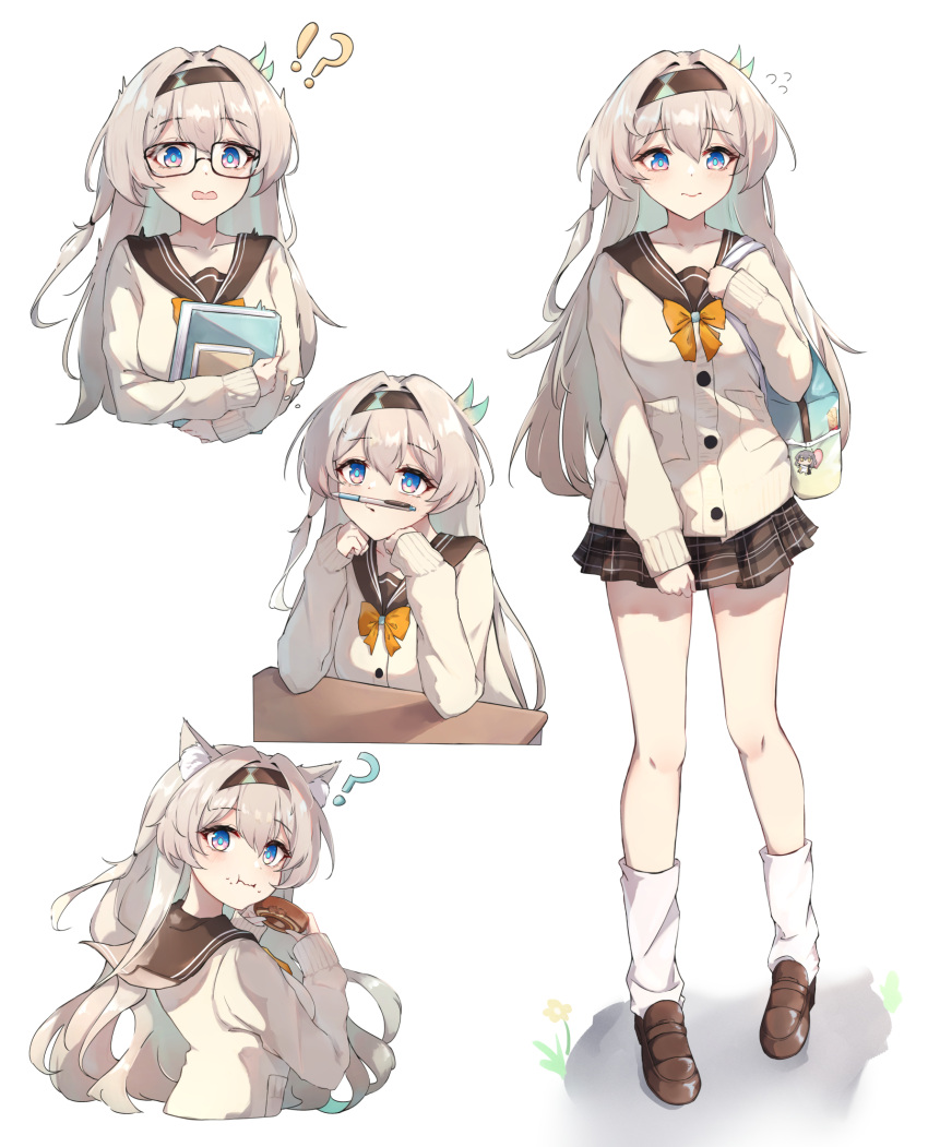 !? 1girl animal_ears bare_legs bespectacled black-framed_eyewear black_sailor_collar black_skirt bow cardigan cat_ears charm_(object) commentary duplicate elphe firefly_(honkai:_star_rail) food glasses grey_hair highres holding holding_food honkai:_star_rail honkai_(series) kemonomimi_mode long_hair looking_at_viewer loose_socks miniskirt multiple_views oak_cake_roll_(honkai:_star_rail) open_mouth pen pixel-perfect_duplicate plaid plaid_skirt pleated_skirt purple_eyes sailor_collar skirt socks stelle_(honkai:_star_rail) trailblazer_(honkai:_star_rail) very_long_hair white_cardigan white_socks yellow_bow