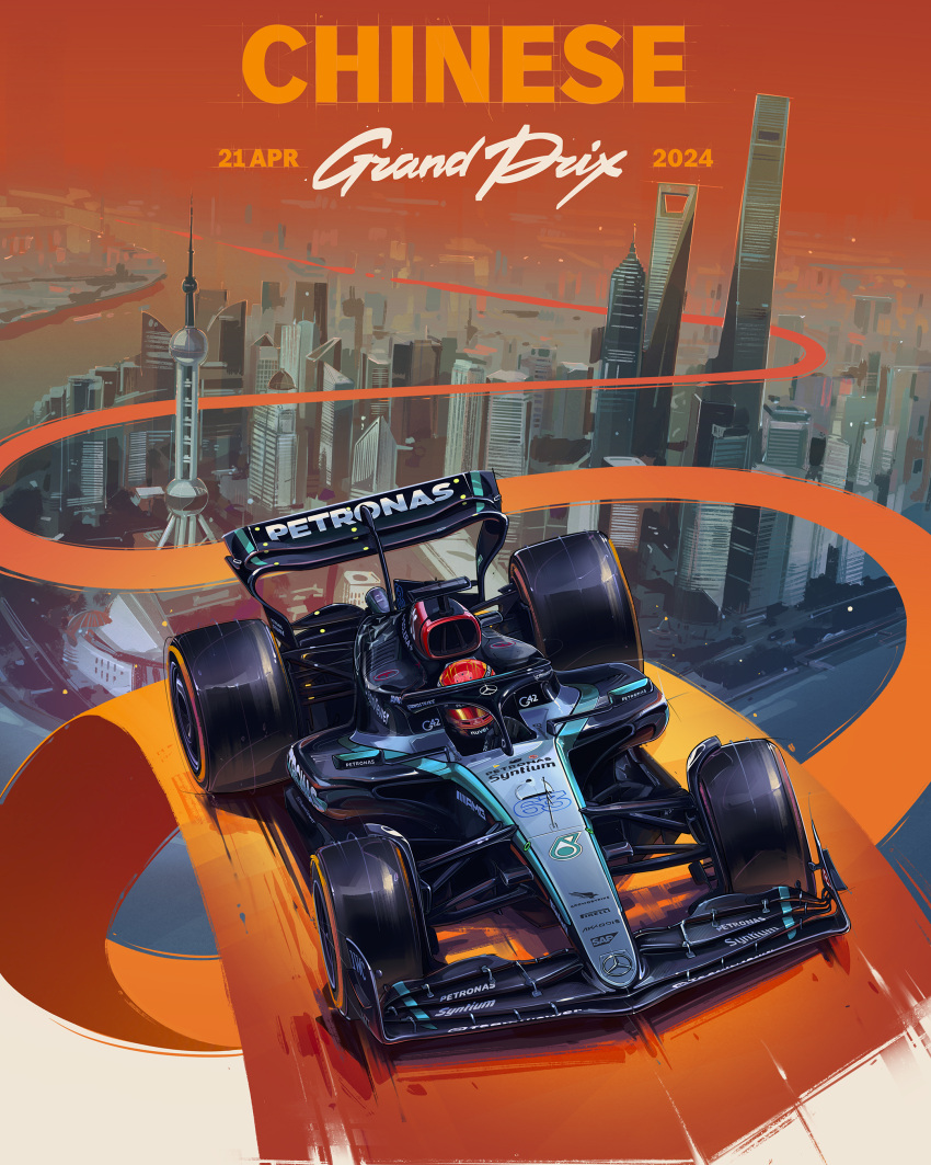 absurdres andrew_mytro car city english_commentary formula_one formula_racer from_above george_russell highres mercedes-amg_f1_w14 mercedes-benz motion_blur motor_vehicle official_art promotional_art race_vehicle racecar racetrack real_life red_helmet shadow shanghai spoiler_(automobile) vehicle_focus