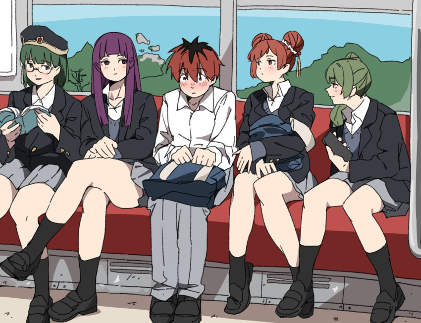 1boy 4girls bag blazer book brown_hair cellphone character_name contemporary crossed_legs double_bun fern_(sousou_no_frieren) glasses green_hair hair_bun holding holding_book jacket lawine_(sousou_no_frieren) long_sleeves multiple_girls perutore phone pleated_skirt purple_hair red_hair school_uniform side_ponytail sitting skirt smartphone sousou_no_frieren stark_(sousou_no_frieren) train_interior ubel_(sousou_no_frieren)