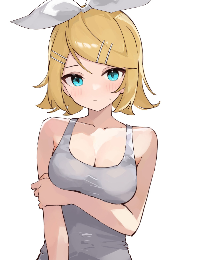 1girl :/ alternate_breast_size arm_under_breasts bare_shoulders blonde_hair blue_eyes blush bow breasts cleavage closed_mouth collarbone dot_nose flipped_hair grey_shirt hair_bow hair_ornament hairclip highres holding_own_arm kagamine_rin looking_at_viewer medium_breasts medium_hair rakugaki_ningen revision shirt simple_background sleeveless sleeveless_shirt solo straight_hair swept_bangs upper_body vocaloid white_background white_bow