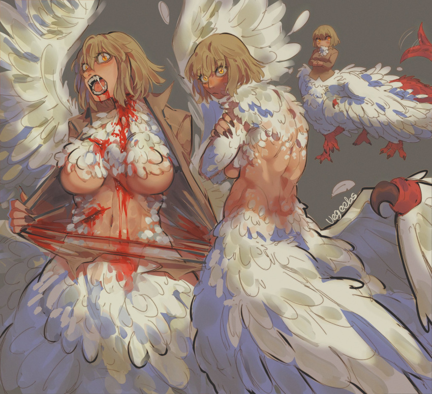 1girl addy_(@vegeebs) blonde_hair blood body_fur breasts centauroid chimera dragon_girl dungeon_meshi falin_touden falin_touden_(chimera) feathered_wings feathers hair_around_ear highres monster_girl open_mouth taur white_feathers wings