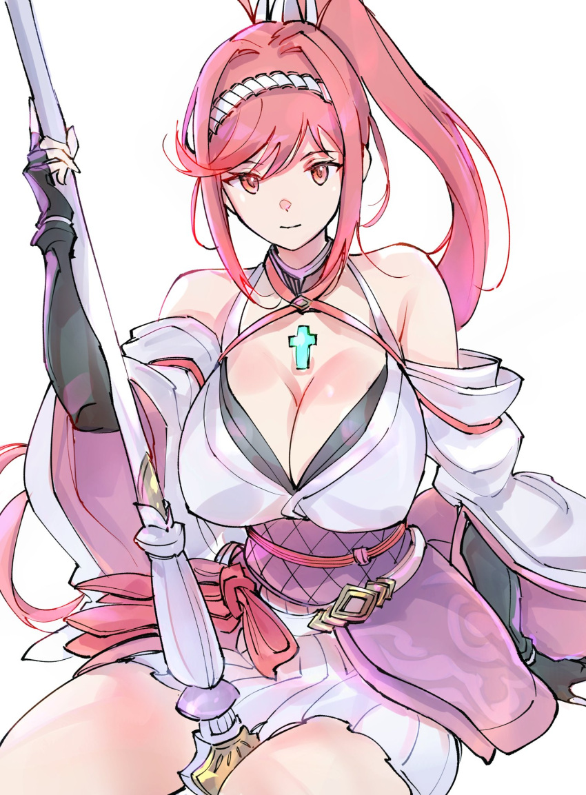 1girl bare_shoulders breasts chest_jewel cleavage core_crystal_(xenoblade) criss-cross_halter detached_sleeves fingerless_gloves glimmer_(xenoblade) gloves halterneck high_ponytail highres holding holding_staff japanese_clothes kimono large_breasts long_hair looking_at_viewer obi ponytail red_hair sash sketch smile solo staff swept_bangs ug333333 white_kimono xenoblade_chronicles_(series) xenoblade_chronicles_3 xenoblade_chronicles_3:_future_redeemed