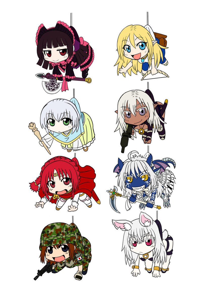 :d ahoge animal_ears battle_rifle black_hair blonde_hair blue_eyes blue_skin bow_(weapon) breasts bridal_gauntlets brown_eyes bunny_ears bunny_tail cape capelet chibi claws cleavage collar cuffs dark_elf dark_skin dragon_girl dragon_horns dragon_tail dragon_wings elf gate_-_jieitai_ka_no_chi_nite_kaku_tatakaeri giselle_(gate) gloves green_eyes grin gun halberd helmet highres horns howa_type_64 jewelry kuribayashi_shino lelei_la_lalena long_hair medium_breasts military military_uniform multiple_girls necklace open_mouth panzerfaust-3 pendant pina_co_lada_(gate) pointy_ears polearm purple_eyes red_cape red_eyes red_hair rifle ringed_eyes rory_mercury sao_satoru scythe shackles sharp_teeth silver_hair simple_background slave slit_pupils smile staff tail teeth tuka_luna_marceau tyuule uniform weapon white_background white_hair white_skin wings yao_haa_dushi yellow_eyes