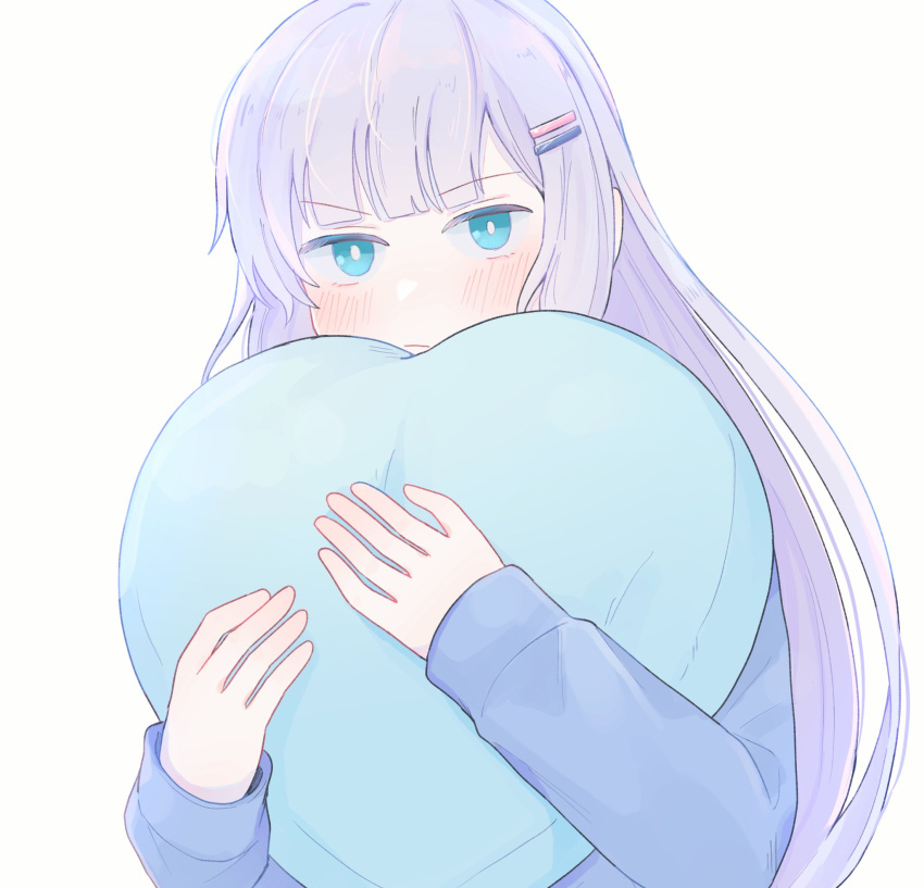 1girl aqua_eyes blue_hair blue_shirt blush bright_pupils frown heart heart-shaped_pillow highres hugging_object idolmaster idolmaster_million_live! long_hair long_sleeves looking_ahead pillow pillow_hug shiraishi_tsumugi shirt simple_background solo straight_hair tmg_et upper_body very_long_hair white_background white_pupils