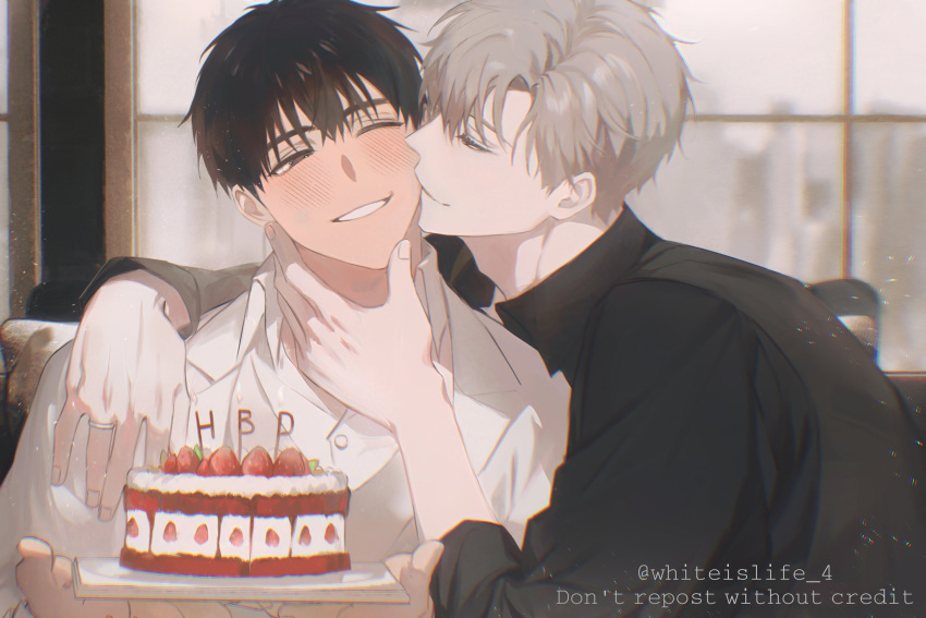 2boys birthday_cake black_hair black_shirt blush cake coat collared_shirt food grey_hair grin highres ilay_riegrow indoors jeong_taeui jewelry kiss kissing_cheek light_particles male_focus multiple_boys one_eye_closed passion_(manhwa) ring shirt smile strawberry_cake teeth twitter_username upper_body white_coat whiteislife_4 window yaoi