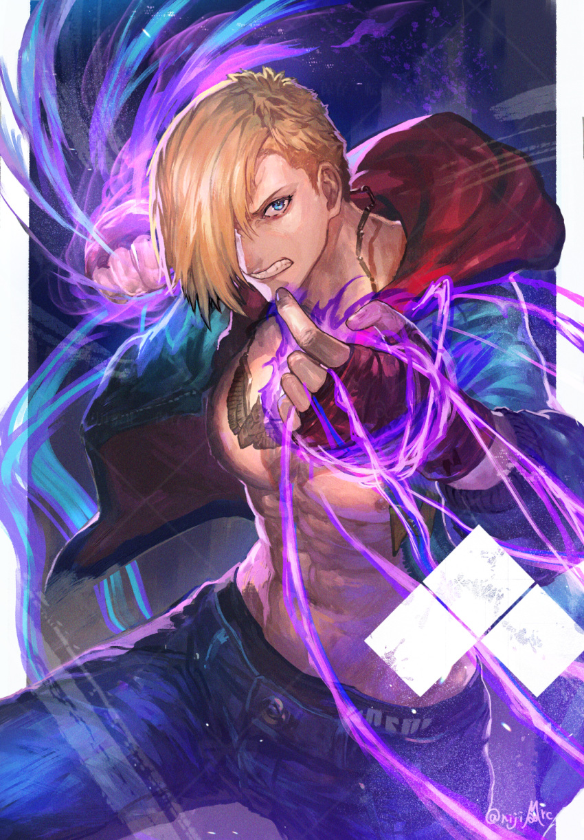 1boy blonde_hair blue_eyes blue_hoodie clenched_teeth denim ed_(street_fighter) evolution_championship_series fingerless_gloves gloves hair_over_one_eye highres hood hoodie jeans looking_at_viewer male_focus nijimaarc open_clothes open_hoodie pants psychic solo street_fighter street_fighter_6 teeth toned toned_male