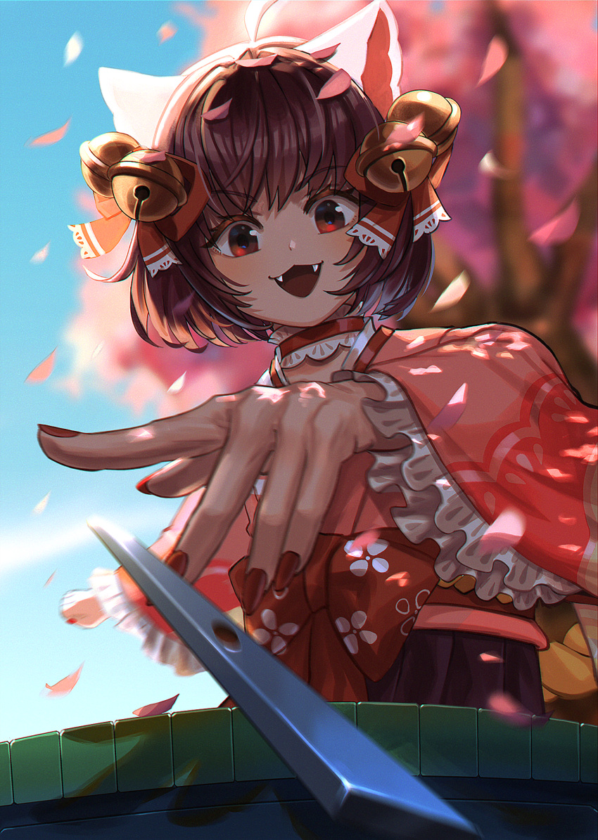 1girl ahoge animal_ears ansung bell blue_sky bow brown_hair brown_skirt cat_ears cat_girl cherry_blossoms choker cloud commentary_request falling_petals fangs fingernails frilled_sleeves frills hair_bell hair_ornament hair_ribbon highres ichihime japanese_clothes jingle_bell kimono lace-trimmed_choker lace_trim long_sleeves looking_at_viewer mahjong mahjong_soul mahjong_tile medium_bangs obi open_mouth petals pink_kimono red_bow red_choker red_eyes red_nails red_ribbon red_sash ribbon sash short_hair skirt sky smile solo tenbou throwing tree upper_body v-shaped_eyebrows waist_bow wide_sleeves