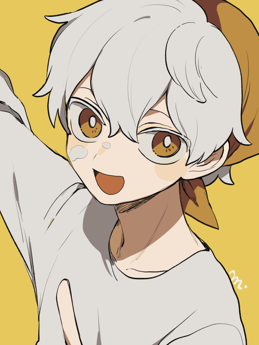 1boy arm_up blush_stickers cream cream_on_face food food_on_face head_scarf highres looking_at_viewer maco22 male_focus open_mouth orange_eyes original portrait short_hair smile solo white_hair yellow_background