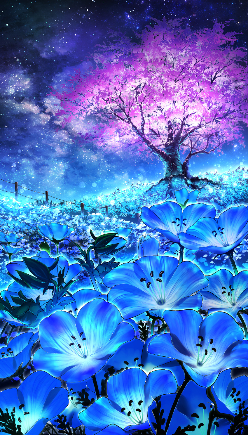 absurdres blue_flower cherry_blossoms field flower flower_field flower_focus flower_request galaxy highres landscape nature night no_humans original outdoors rope_fence scenery sky smile_(qd4nsvik) star_(sky) starry_sky tree