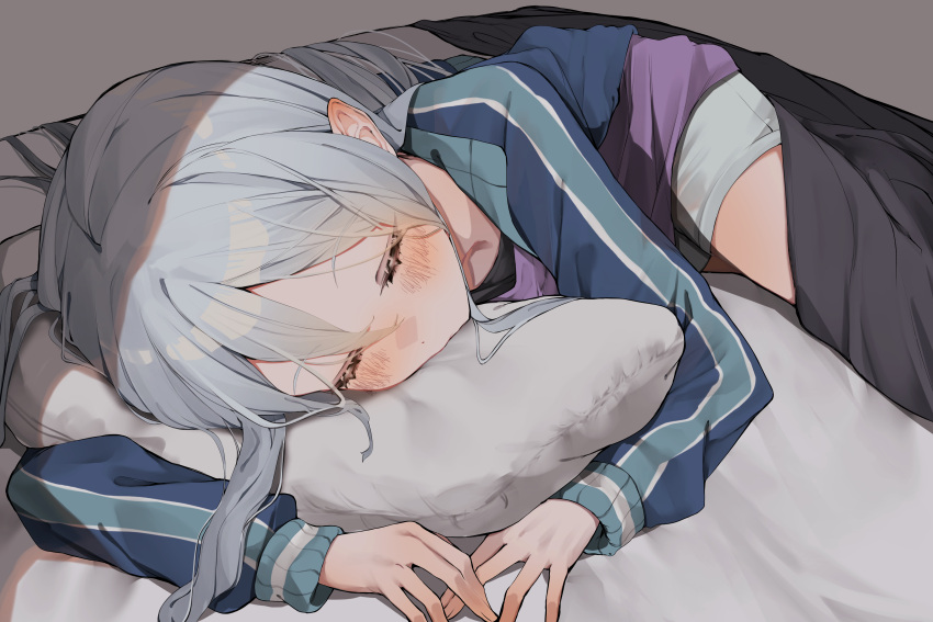 1girl absurdres bed_sheet black_blanket black_shirt blue_hair blue_jacket blush closed_eyes grey_shorts hair_between_eyes highres jacket layered_shirt long_hair long_sleeves lying on_bed on_side on_stomach pillow project_sekai purple_shirt shirt shorts sleeping solo track_jacket tsune_(tune) yoisaki_kanade