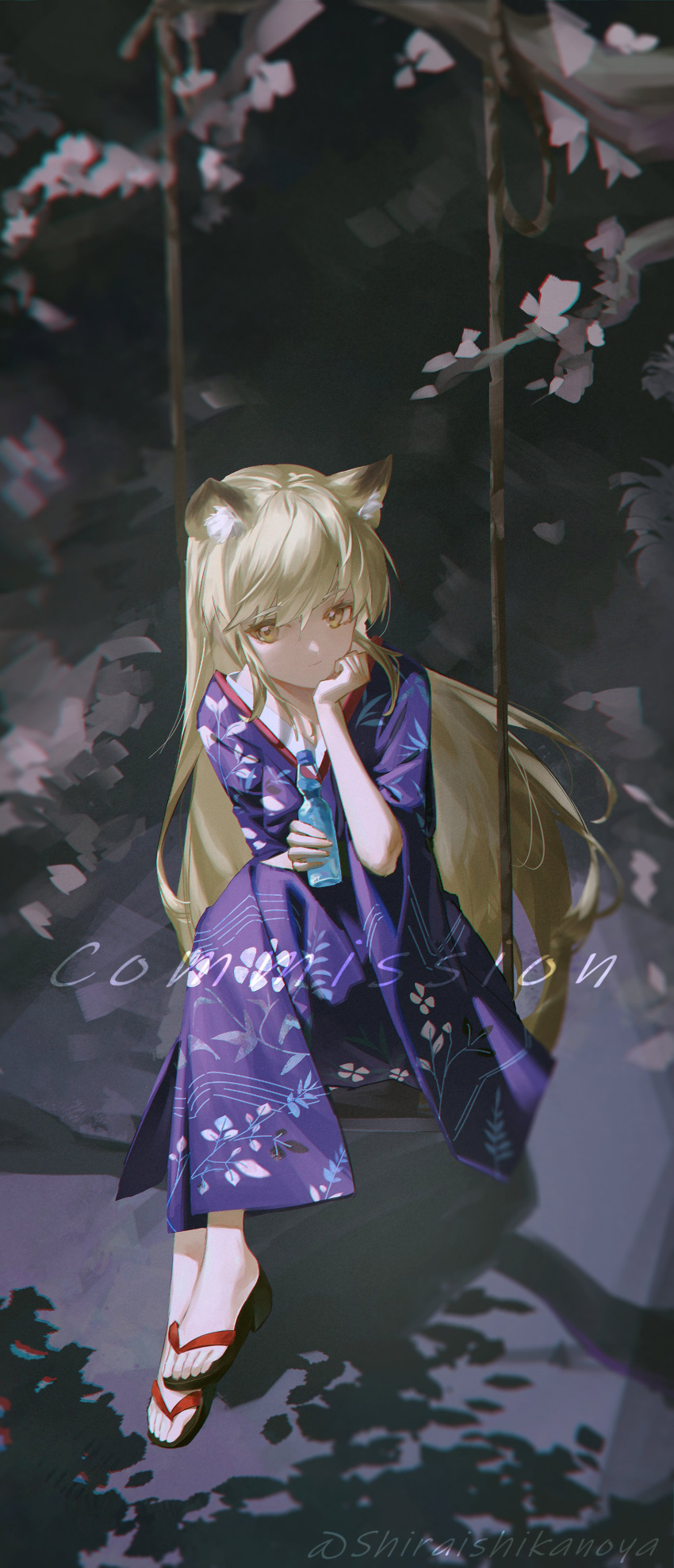 1girl absurdres animal_ear_fluff animal_ears blonde_hair bottle branch check_copyright cherry_blossoms commission copyright_request expressionless fox_ears full_body head_rest highres holding holding_bottle japanese_clothes kimono long_hair looking_at_viewer no_socks original purple_kimono sandals shiraishi_kanoya sitting solo swing yellow_eyes zouri