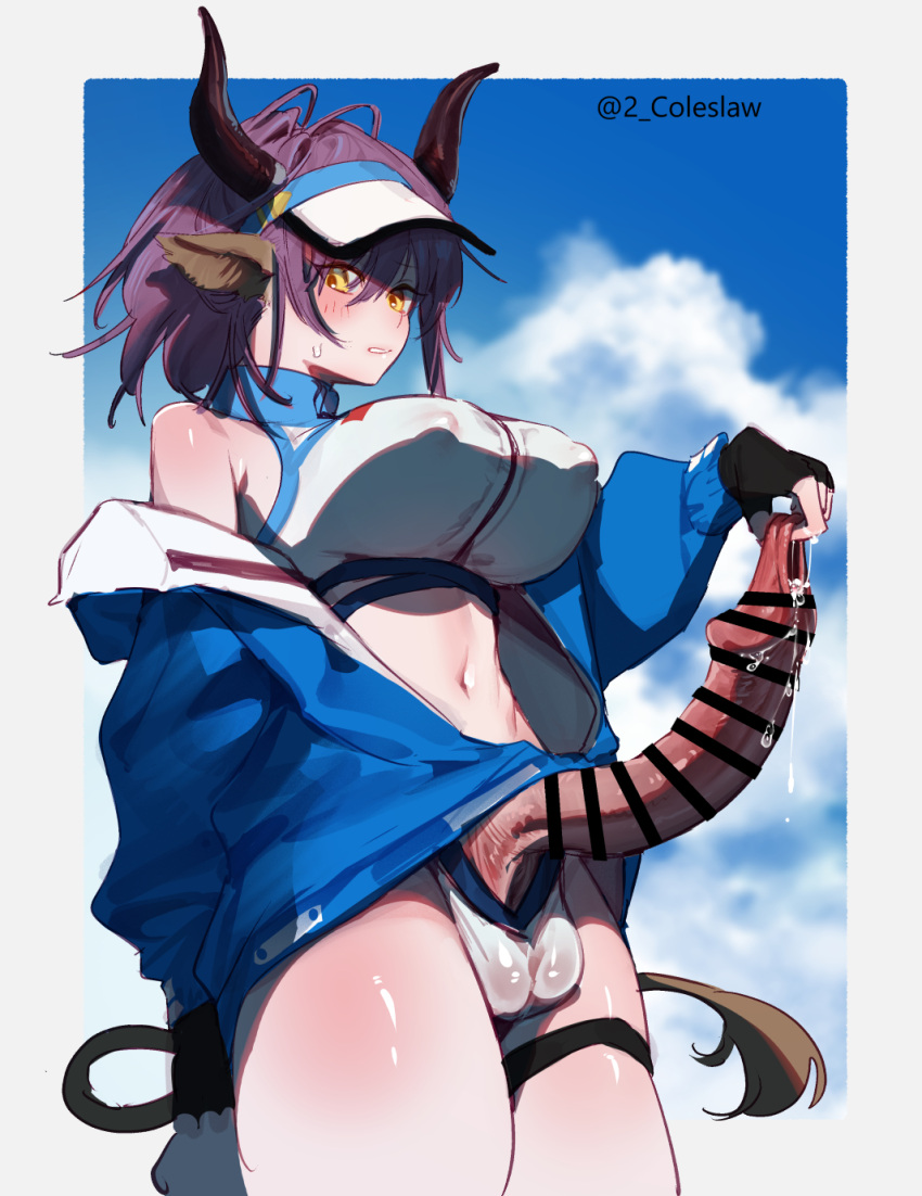 1girl animal_ears arknights bar_censor black_gloves blue_jacket blue_sky breasts censored covered_nipples covered_testicles cow_ears cow_girl cow_horns cow_tail cowboy_shot crop_top erection fingerless_gloves foreskin foreskin_pull futanari gloves hair_between_eyes highres horns huge_nipples jacket large_breasts long_sleeves mirin_chikuwa navel phimosis precum purple_hair sideroca_(arknights) sideroca_(light_breeze)_(arknights) sky solo tail thigh_strap visor_cap yellow_eyes