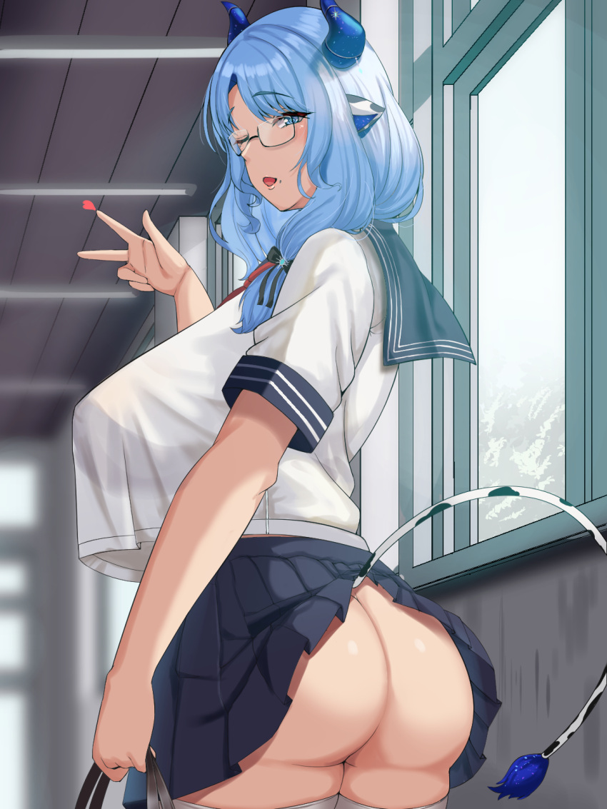 1girl animal_ears ass bag black_skirt blue_eyes blue_hair blue_sailor_collar blurry blurry_background blush breasts clothes_lift cow_ears cow_horns cow_tail glasses hallway highres holding holding_bag horns huge_breasts indie_virtual_youtuber looking_at_viewer medium_hair miilkywayz no_panties one_eye_closed open_mouth pleated_skirt sailor_collar school_bag school_uniform shirt short_sleeves skirt skirt_lift solo standing tail tented_shirt v valfer virtual_youtuber wardrobe_error white_shirt window