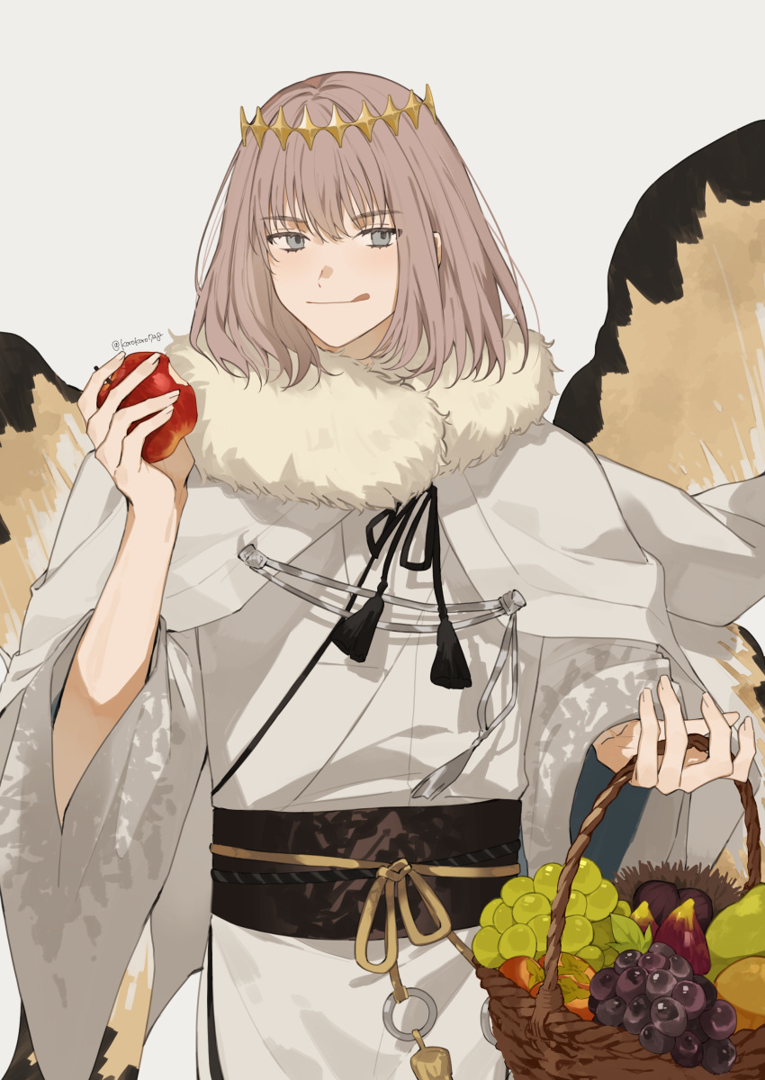 1boy :q absurdres alternate_costume apple arthropod_boy blue_eyes bug butterfly_wings cloak crown diamond_hairband fate/grand_order fate_(series) food fruit fruit_basket fur-trimmed_cloak fur_trim grey_hair highres holding holding_food holding_fruit insect_wings japanese_clothes kimono long_sleeves looking_at_viewer male_focus medium_hair oberon_(fate) romo827 smile solo tongue tongue_out upper_body white_cloak white_kimono wings