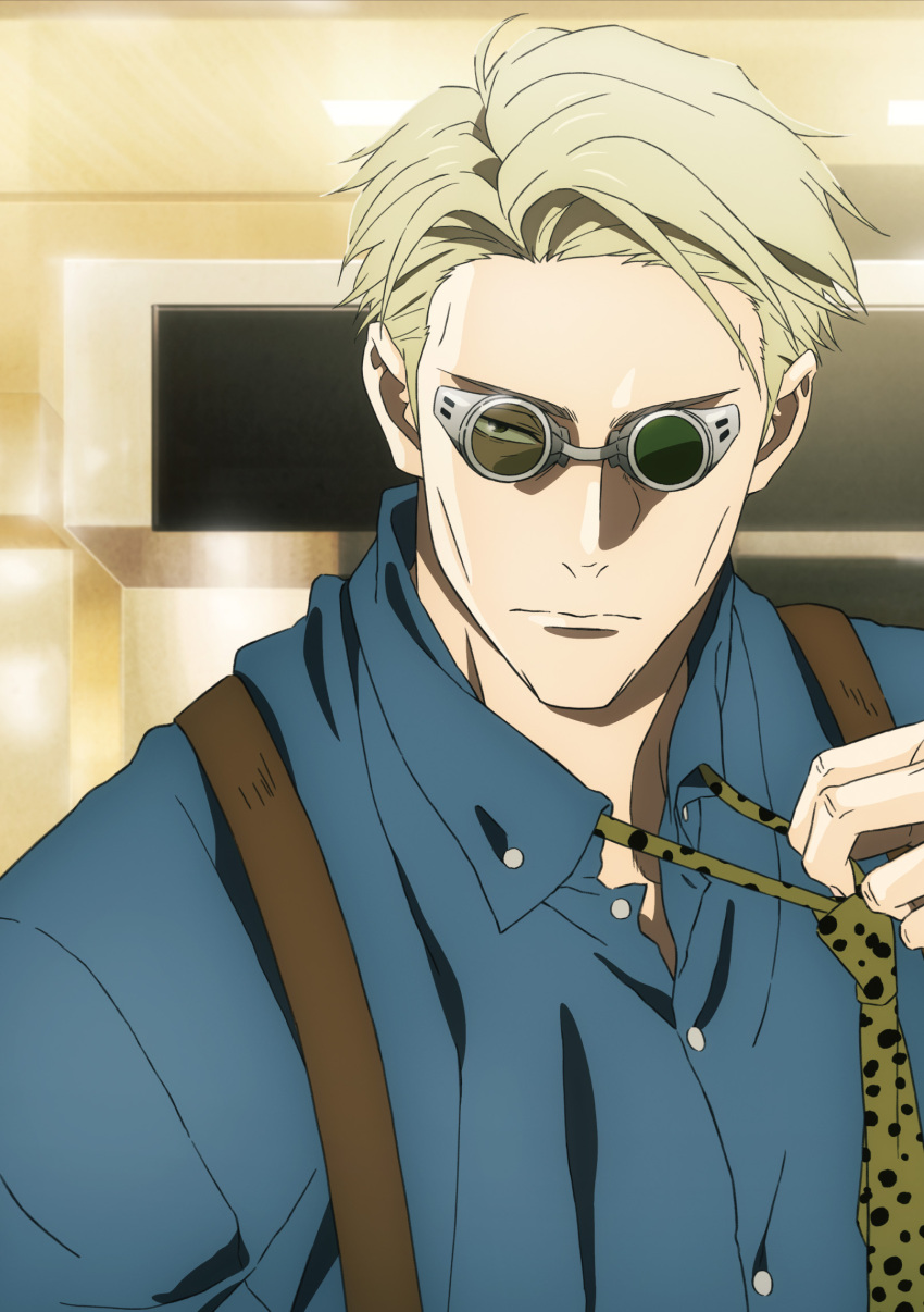 1boy animal_print blonde_hair blue_shirt collared_shirt goggles highres indoors jujutsu_kaisen koiso_sayaka leopard_print looking_at_viewer male_focus nanami_kento necktie official_art shirt short_hair solo suspenders upper_body yellow_necktie