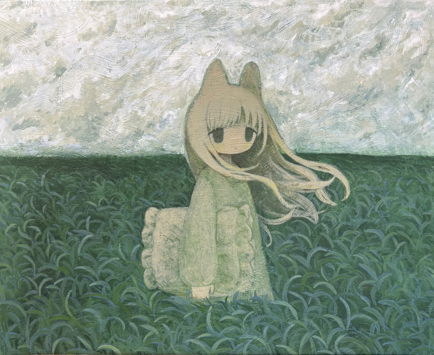 1girl animal_ears arm_at_side black_eyes blonde_hair closed_mouth expressionless field floating_hair frilled_pillow frills grey_sky highres holding holding_pillow horizon ju6mei long_hair long_sleeves looking_ahead nightgown no_sclera original outdoors pillow plant sky solo tareme wind