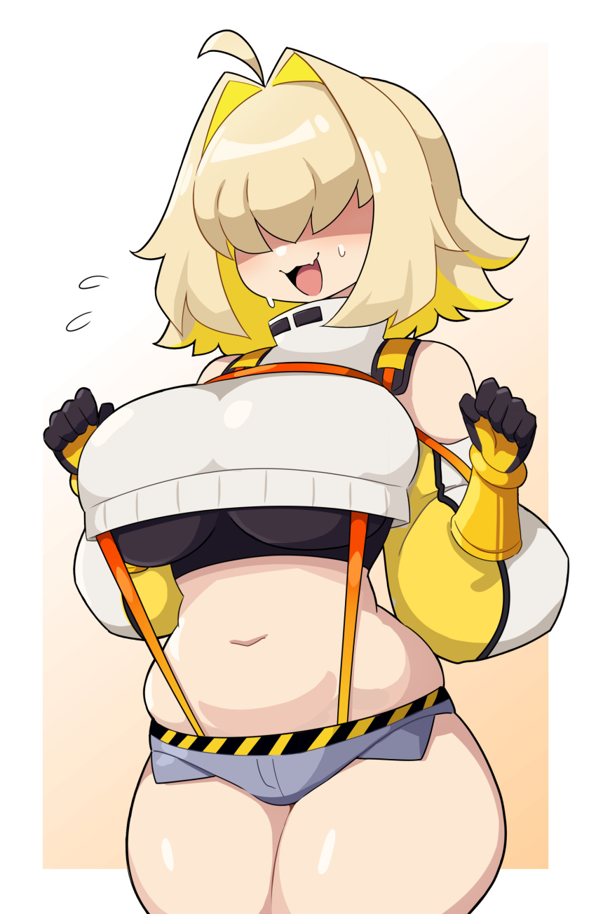 1girl absurdres ahoge black_gloves black_sports_bra blonde_hair border breasts crop_top cropped_sweater daigada elegg_(nikke) fang flying_sweatdrops gloves goddess_of_victory:_nikke gradient_background grey_shorts hair_intakes hair_over_eyes highres inset_border large_breasts long_bangs micro_shorts multicolored_clothes multicolored_gloves navel open_mouth plump shaded_face short_hair shorts skin_fang smile solo sports_bra suspender_shorts suspenders sweat sweatdrop thick_thighs thighs white_background white_border yellow_background yellow_gloves