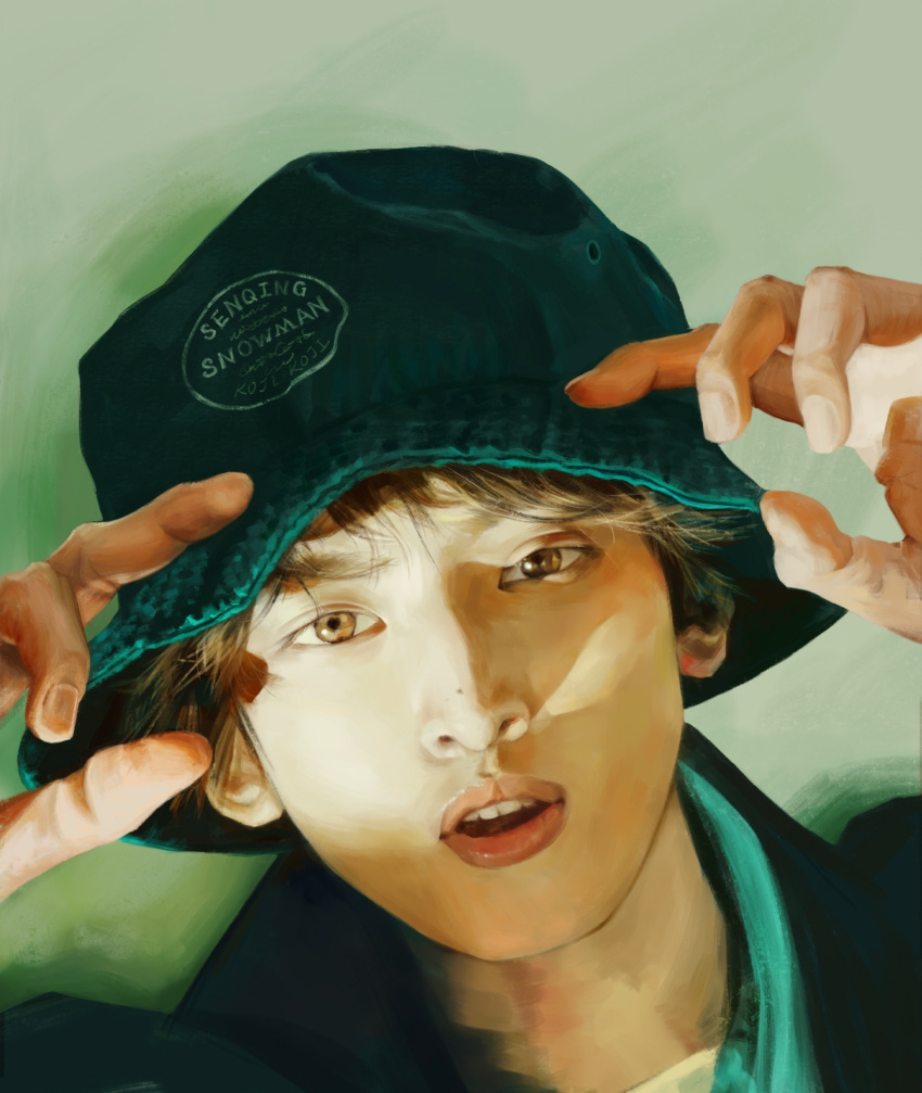 1boy black_jacket blue_hat brown_eyes brown_hair fingernails green_background hands_on_headwear hat highres hood hood_down hooded_jacket jacket lying male_focus mole mole_on_nose mukai_kouji on_back open_mouth painttool_sai_(medium) pink_lips portrait real_life realistic senqing411 shirt short_hair simple_background snow_man_(jpop) solo teeth thick_eyebrows upper_teeth_only white_shirt