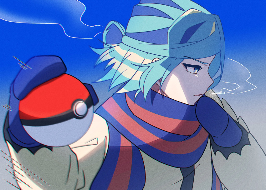 1boy blue_mittens blue_scarf breath commentary_request grusha_(pokemon) hair_bun hands_up highres holding holding_poke_ball jacket long_sleeves looking_down male_focus mittens mocacoffee_1001 poke_ball poke_ball_(basic) pokemon pokemon_sv scarf solo striped_clothes striped_scarf upper_body yellow_jacket