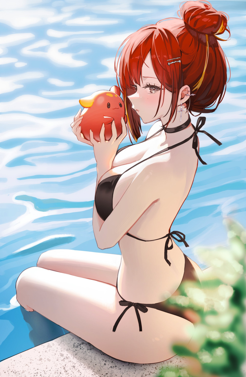 1girl absurdres akane_lize ass bikini black_bikini black_choker breasts choker commentary cross cross_earrings ear_piercing earrings grey_eyes hair_bun hair_ornament highres jewelry looking_at_viewer medium_breasts picter piercing pool poolside red_hair sideboob sitting smile solo stellive swimsuit symbol-only_commentary virtual_youtuber water