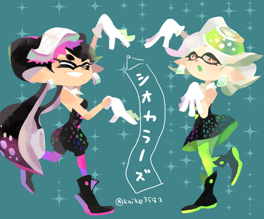 2girls :o ^_^ absurdres ankle_boots arm_up bare_shoulders black_dress black_footwear black_hair black_jumpsuit blue_background boots bow-shaped_hair bright_pupils callie_(splatoon) closed_eyes cousins cross-shaped_pupils detached_collar dress earrings food food_on_head gloves green_pantyhose grey_hair grin highres inkling jewelry jumpsuit koike3582 leg_up long_hair marie_(splatoon) multiple_girls no_lineart object_on_head open_mouth pantyhose pink_pantyhose pointy_ears short_hair short_jumpsuit smile splatoon_(series) suction_cups symbol-shaped_pupils tareme tentacle_hair twitter_username very_long_hair white_gloves white_pupils